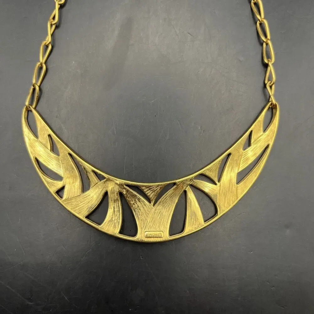 Vintage Monet Enamel Bib Collar Necklace Cream Gold Tone Abstract Design 80s
